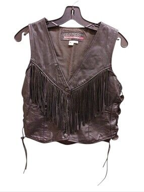 Brooks Vintage Black Leather Fringe Snap Vest Size Small